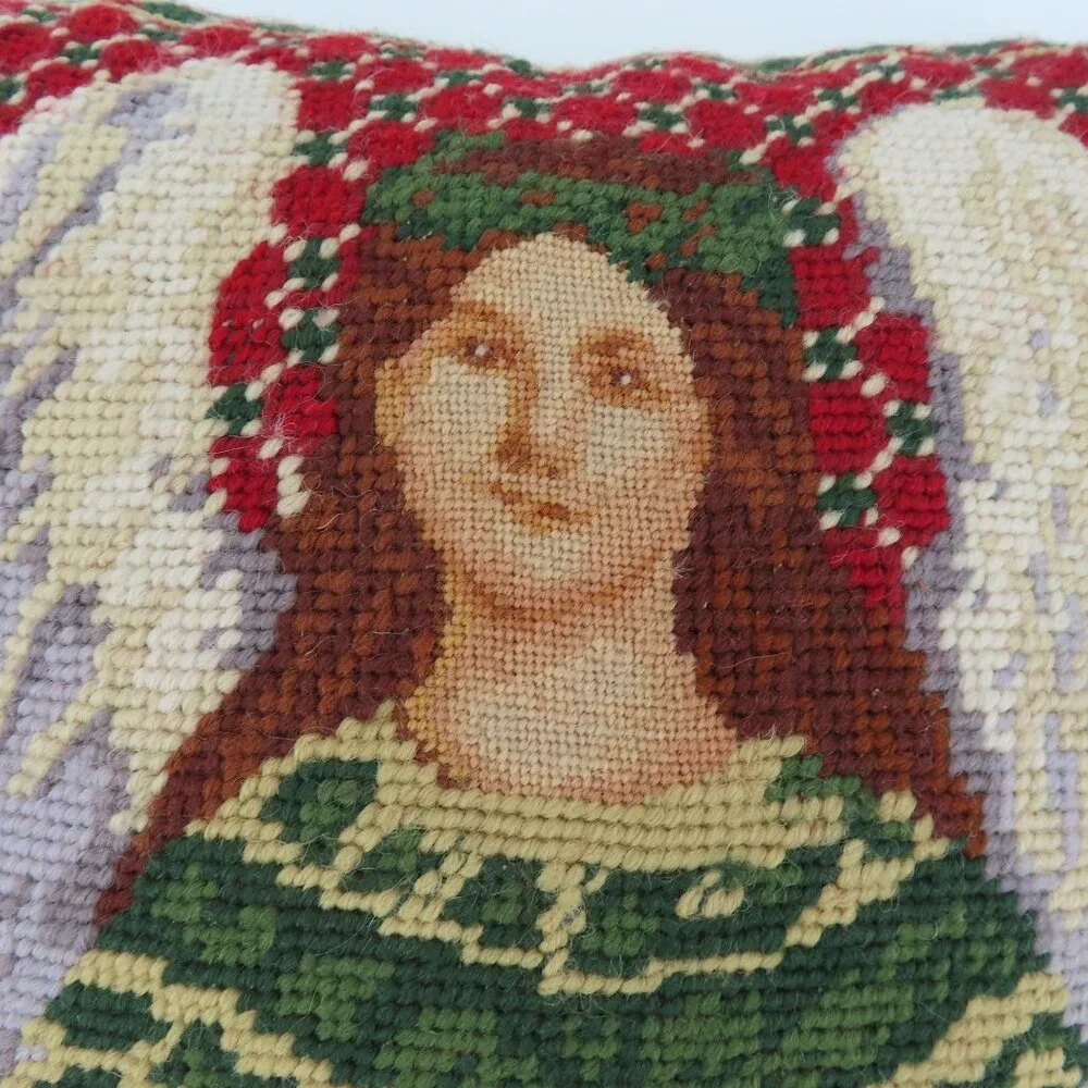Wool Needlepoint Christmas Holiday Religious Angel 10.5in x 11.5in Pillow VTG